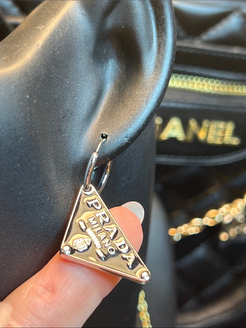 Silver Triangle Logo Hoop Earrings - Picture 5 of 9